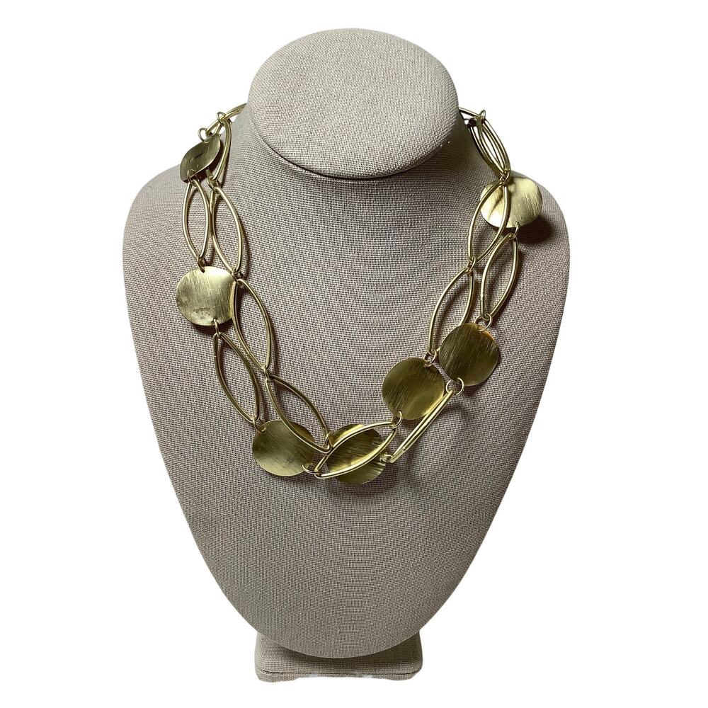 New York & Co Gold Tone Hammered Disc Coin Statement Link Necklace Boho C32-31